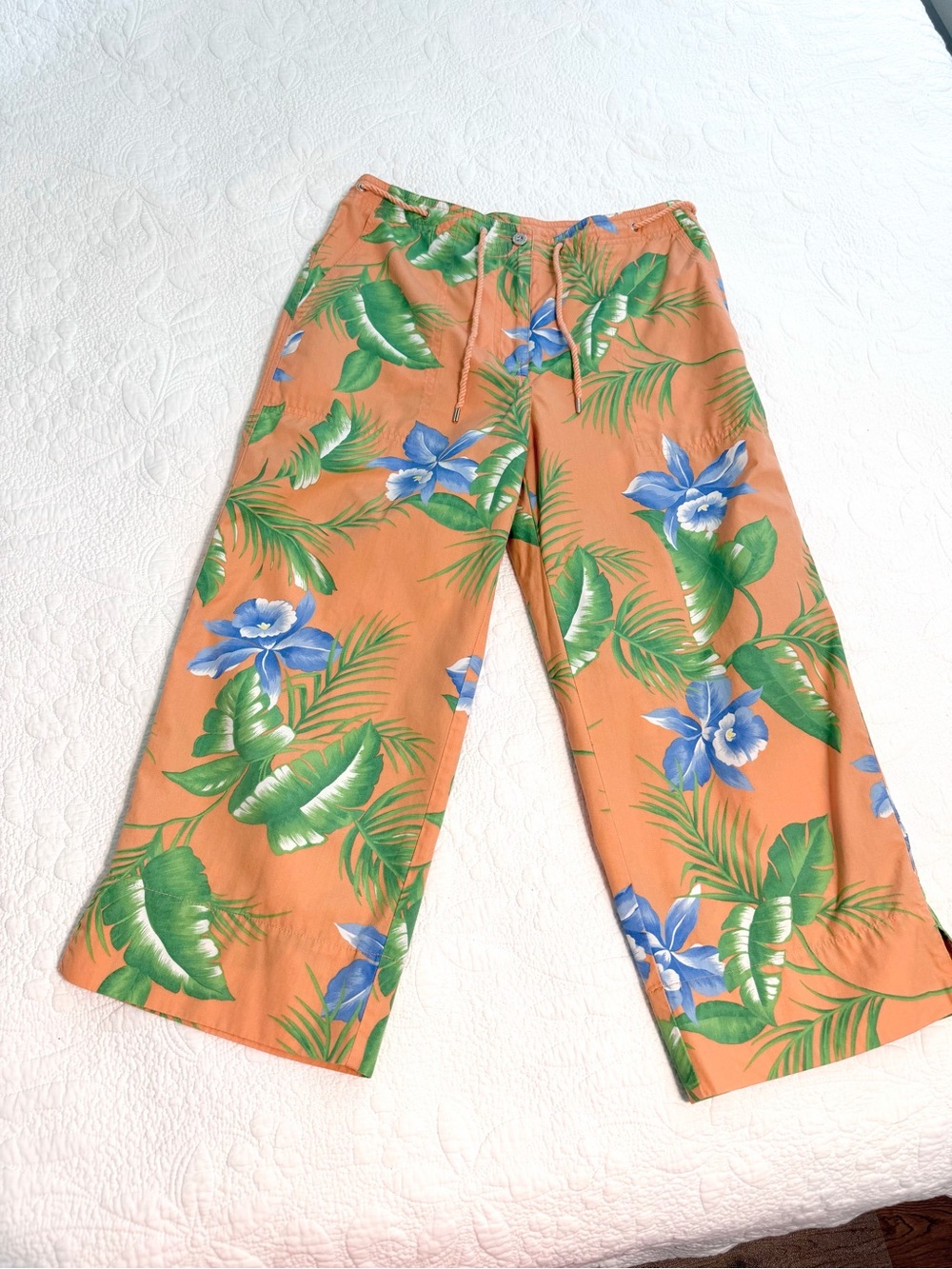 Vintage Ralph Lauren Capri Pants Womens Size 6 Tropical Floral Peach Hawaiian